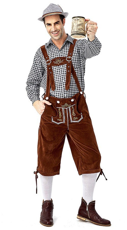 Herren Trachtenhemd Bayerische Oktoberfest Lederhose Kostüm Schwarz Braun