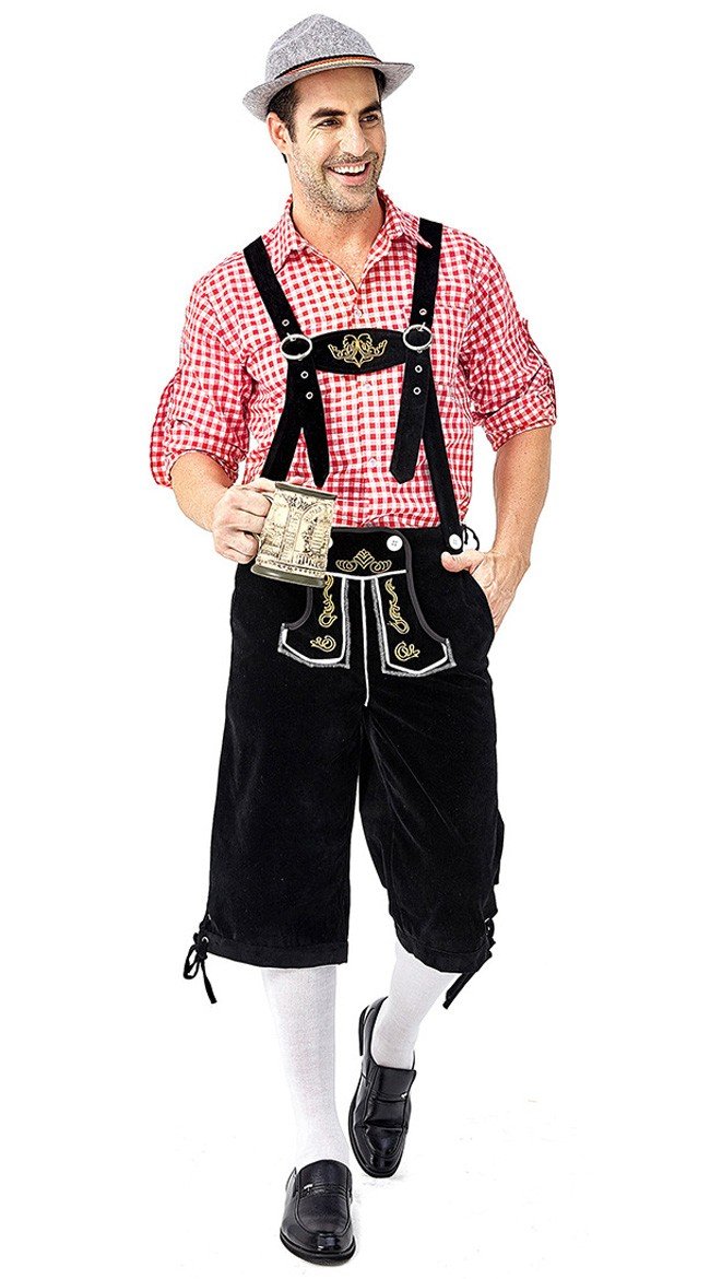 Herren Trachtenhemd Bayerische Oktoberfest Lederhose Kostüm Rot Schwarz