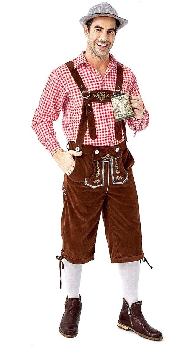 Herren Trachtenhemd Bayerische Oktoberfest Lederhose Kostüm Rot Braun