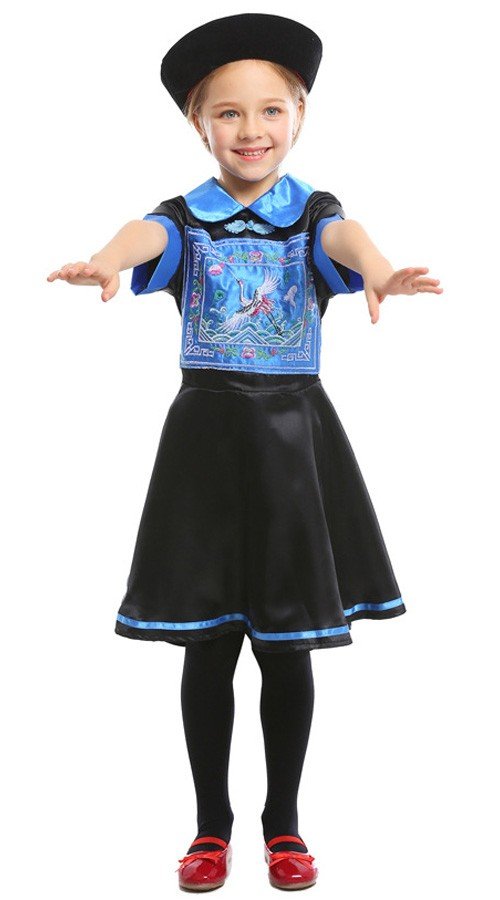Klassischer Chinesischer Zombie Kostüm Mädchen Halloween Kostüme Blau Schwarz