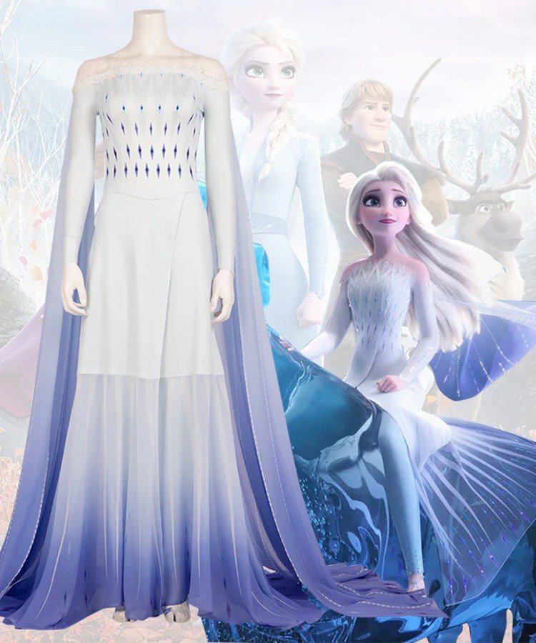 Deluxe Frozen 2 Elsa Kostüm Erwachsene Prinzessinnenkleid Blau-Weiße Cosplay Kostüme 