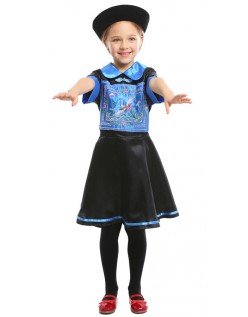 Klassischer Chinesischer Zombie Kostüm Mädchen Halloween Kostüme Blau Schwarz